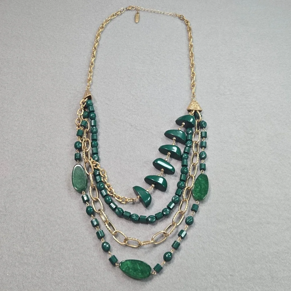 Plunder Design Necklace Womens OS Green Multi Strand Beaded Gold Tone Statement